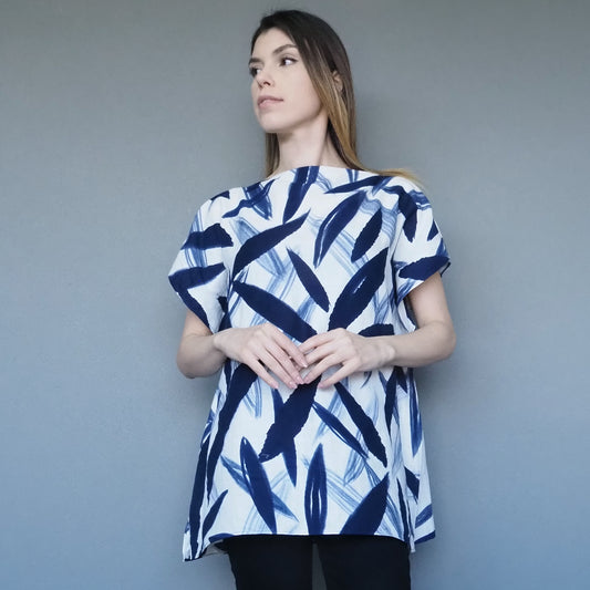 Bamboo Leaves Double-gauze Cotton Top Dark Blue