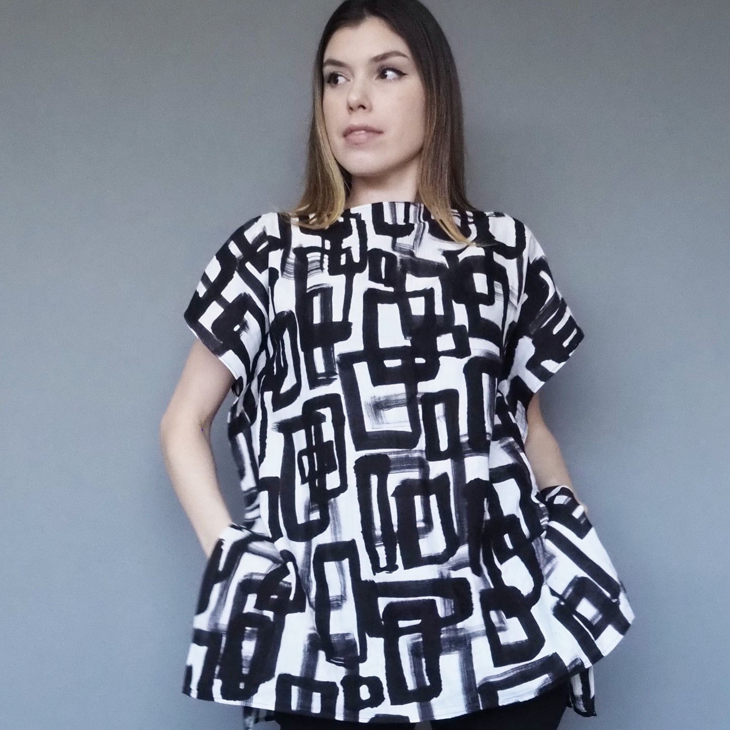 Stone Paving Double-gauze Cotton Top Charcoal Black