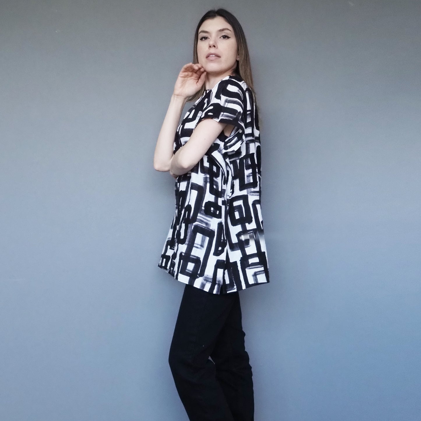 Stone Paving Double-gauze Cotton Top Charcoal Black