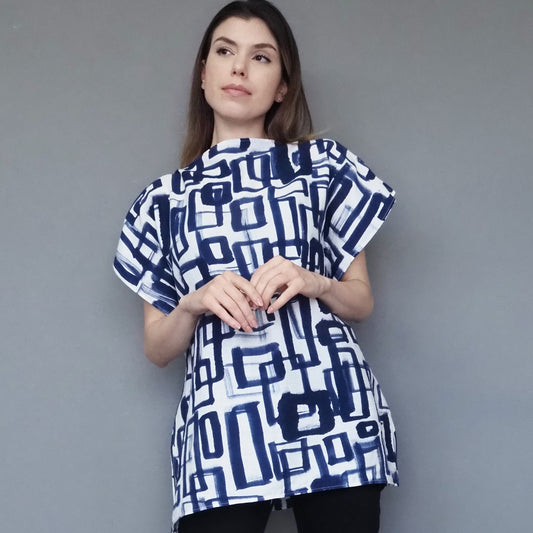 Stone Paving Double-gauze Cotton Top Dark Blue